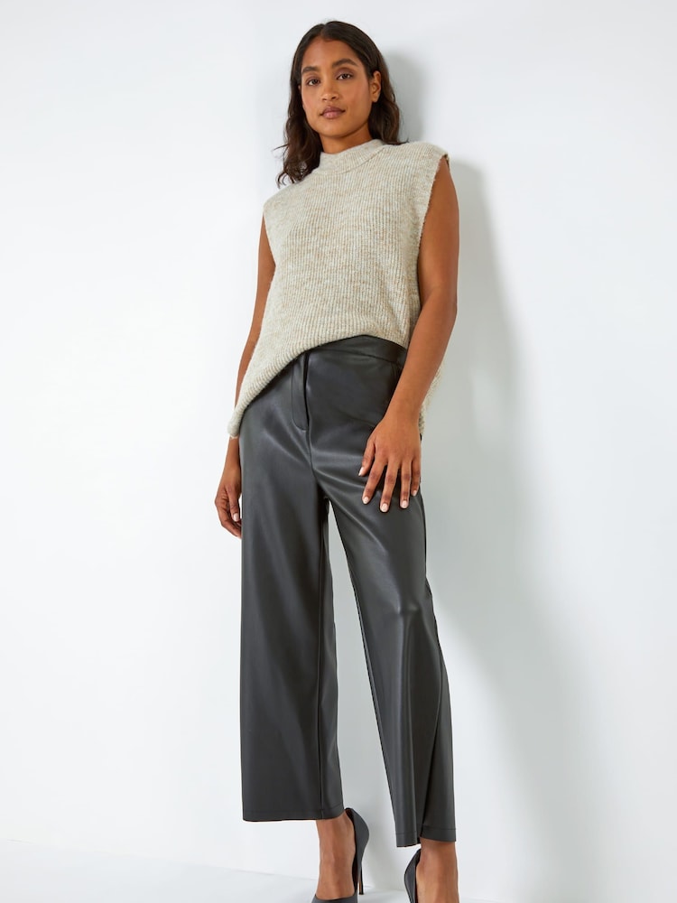 Roman Black Faux Leather Wide Leg Crop Trousers - Image 1 of 5