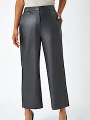 Roman Black Faux Leather Wide Leg Crop Trousers - Image 2 of 5