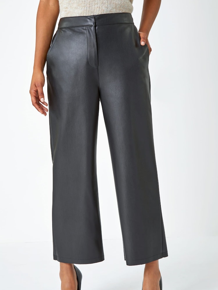 Roman Black Faux Leather Wide Leg Crop Trousers - Image 2 of 5