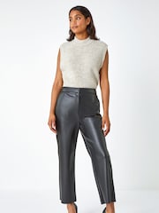 Roman Black Faux Leather Wide Leg Crop Trousers - Image 4 of 5