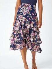 Roman Blue Floral Print Tiered Chiffon Skirt - Image 1 of 5