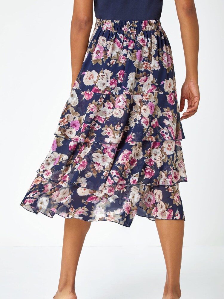 Roman Blue Floral Print Tiered Chiffon Skirt - Image 2 of 5