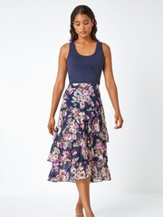 Roman Blue Floral Print Tiered Chiffon Skirt - Image 3 of 5