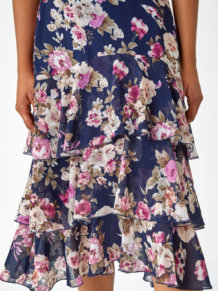 Roman Blue Floral Print Tiered Chiffon Skirt - Image 5 of 5