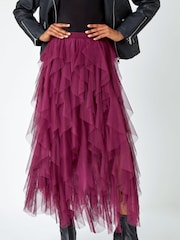 Roman Burgundy Red Elasticated Mesh Layered Skirt - Image 1 of 5