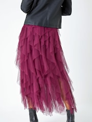 Roman Burgundy Red Elasticated Mesh Layered Skirt - Image 2 of 5