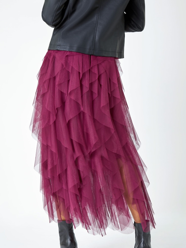 Roman Burgundy Red Elasticated Mesh Layered Skirt - Image 2 of 5