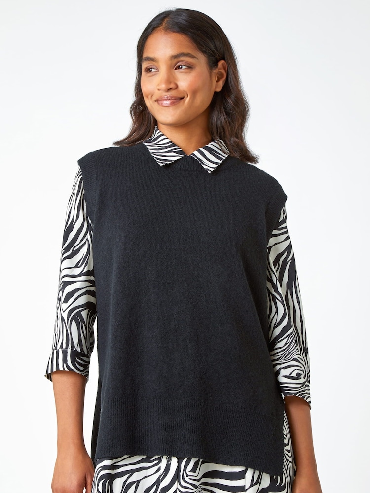 Roman Black Plain Crew Neck Knitted Vest - Image 1 of 5