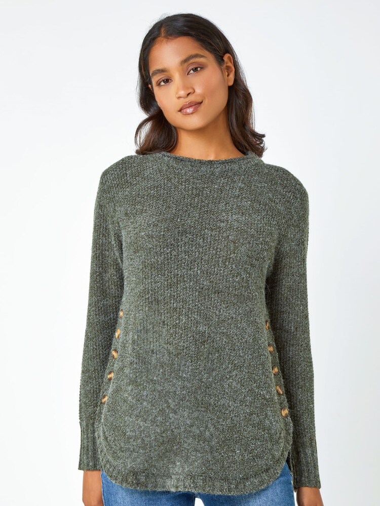 Roman Green Button Detail Curved Hem Jumper - Image 1 of 5