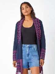 Roman Navy Aztec Pocket Fringe Detail Cardigan - Image 1 of 5