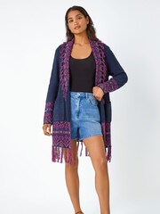 Roman Navy Aztec Pocket Fringe Detail Cardigan - Image 3 of 5