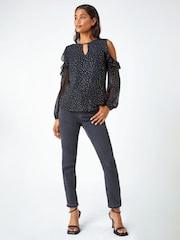 Roman Black Metallic Spot Frill Detail Top - Image 1 of 5