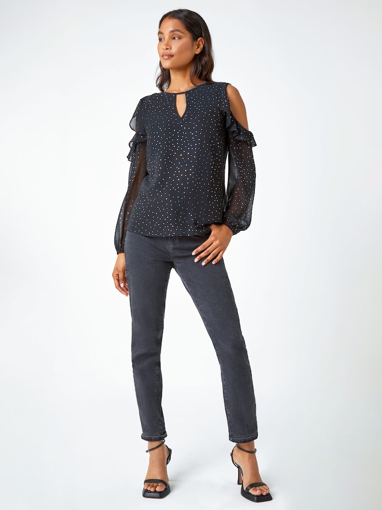 Roman Black Metallic Spot Frill Detail Top - Image 1 of 5