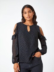 Roman Black Metallic Spot Frill Detail Top - Image 3 of 5