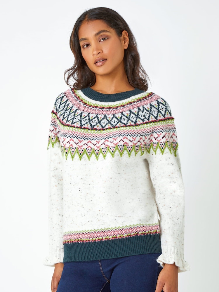 Roman Brown Fairisle Frill Detail Stretch Jumper - Image 1 of 5