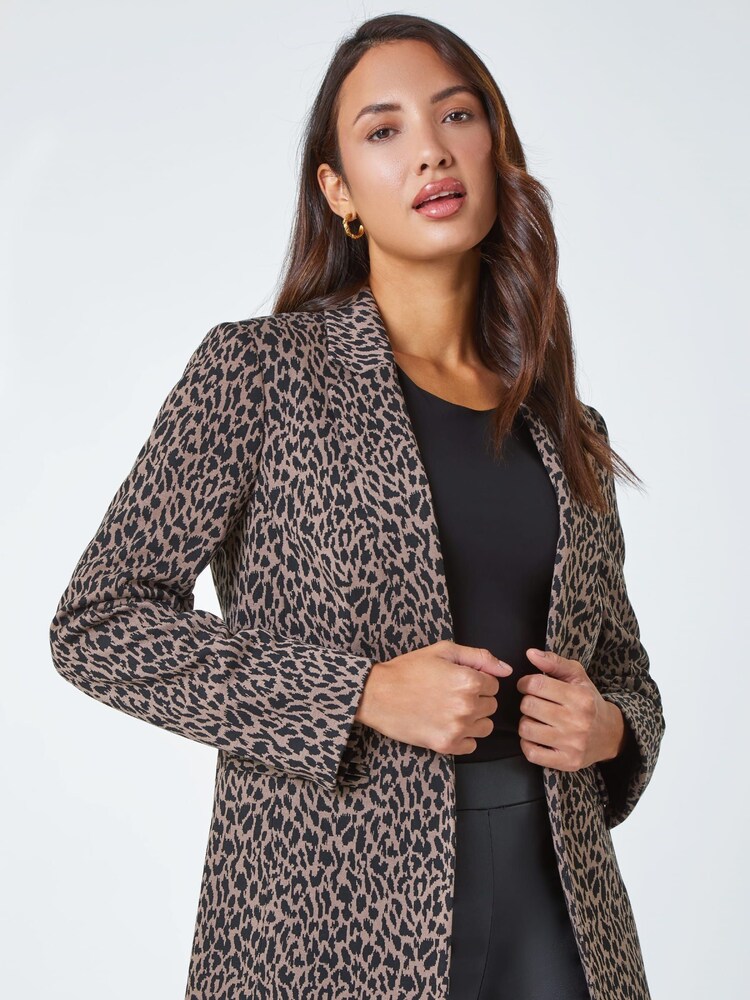 Roman Brown Animal Print Ponte Blazer Jacket - Image 1 of 5