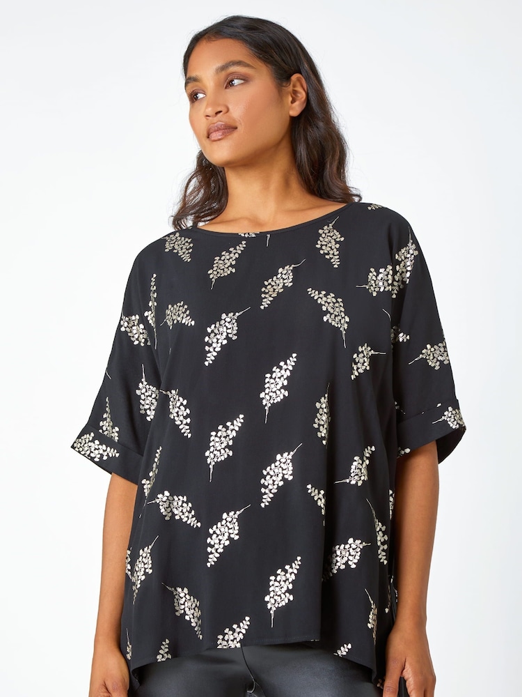 Roman Black Metallic Foil Floral Print Top - Image 1 of 5