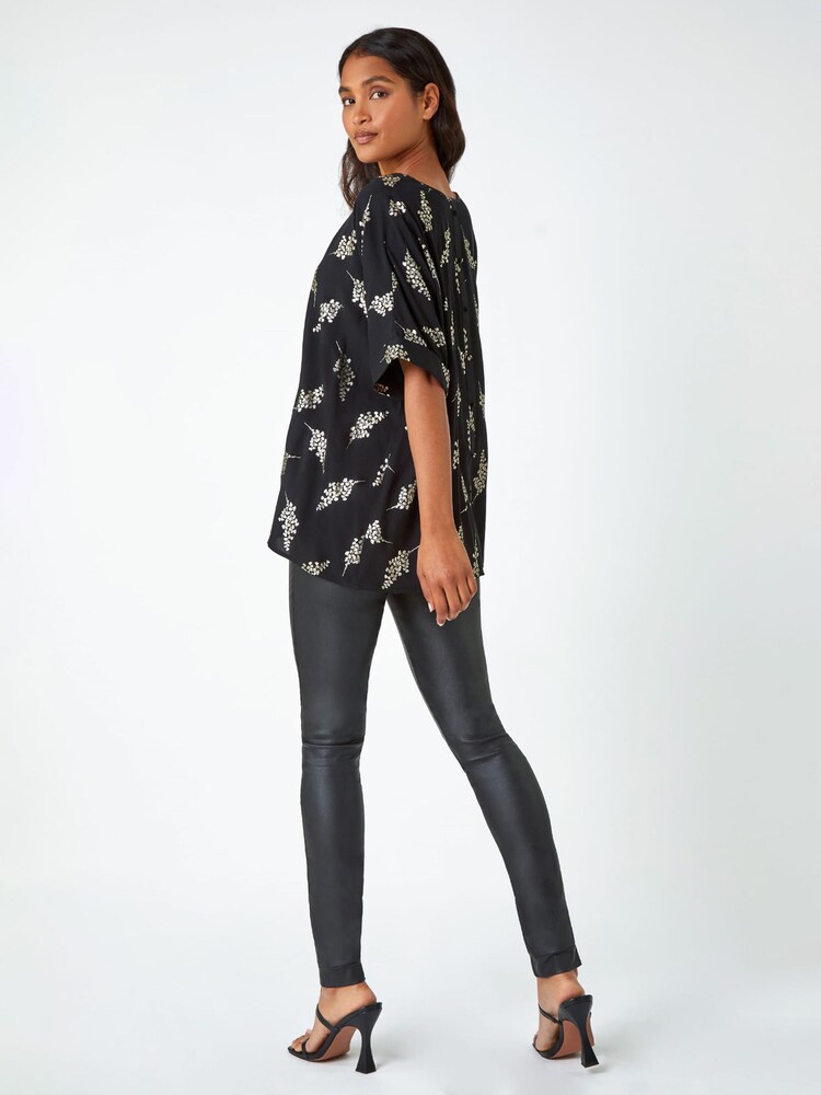 Roman Black Metallic Foil Floral Print Top - Image 2 of 5