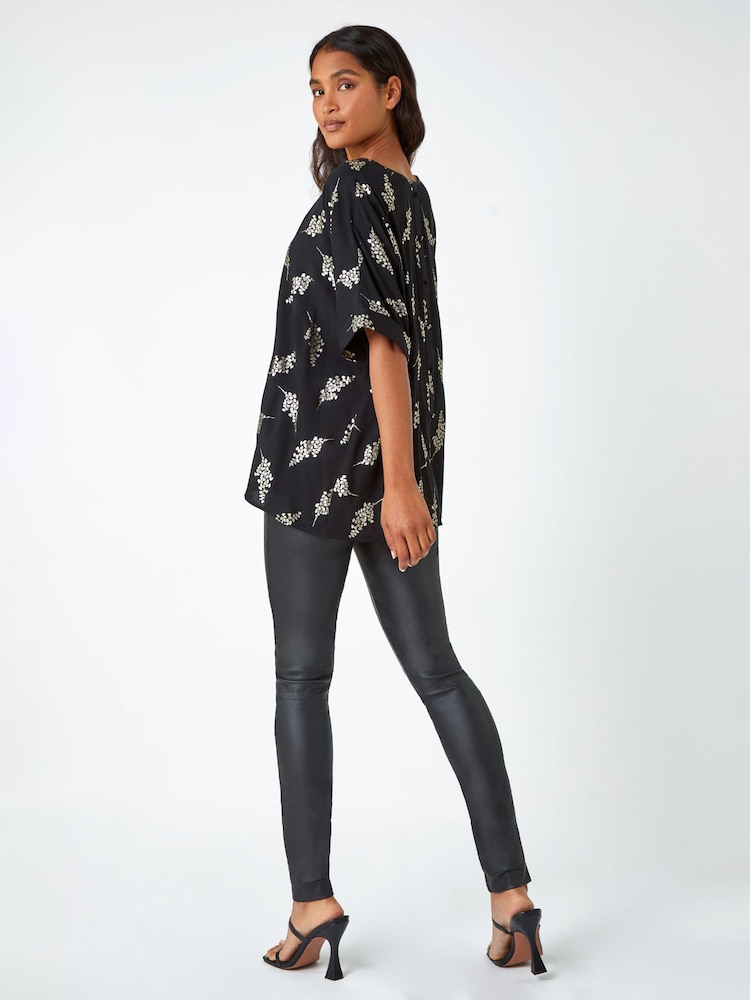 Roman Black Metallic Foil Floral Print Top - Image 2 of 5 Roman Black Metallic Foil Floral Print Top - Image 2 of 5