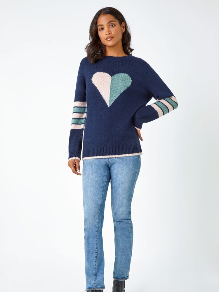 Roman Blue Heart Stripe Crew Neck Jumper - Image 1 of 5