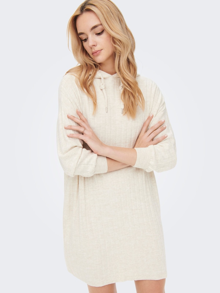 ONLY Cream Knitted Hooded Cosy Lounge Jumper Dress - Image 1 of 6