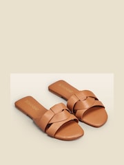 Sosandar Brown Cross Strap Flat Leather Mule Sandals - Image 1 of 3