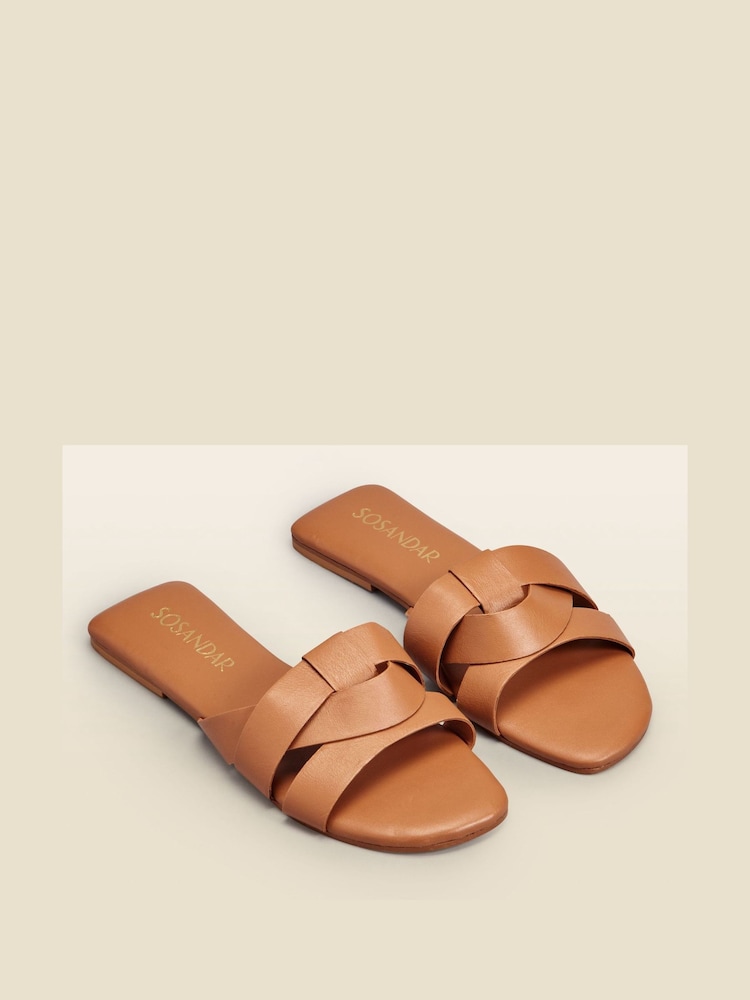 Sosandar Brown Cross Strap Flat Leather Mule Sandals - Image 1 of 3