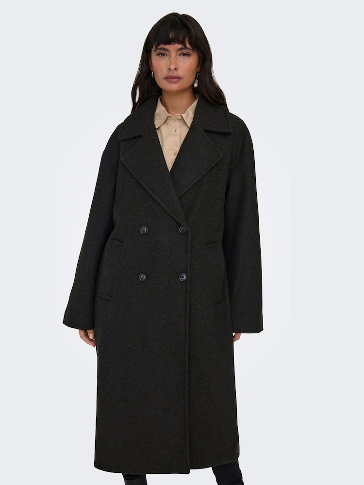 ONLY Dark Grey Double Breasted Button Up Smart Longline Coat - Image 1 of 7 ONLY Dark Grey Double Breasted Button Up Smart Longline Coat - Image 1 of 7