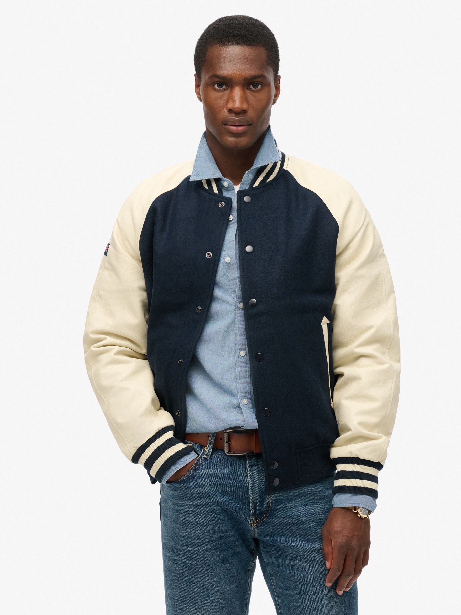 Navy varsity bomber jacket top