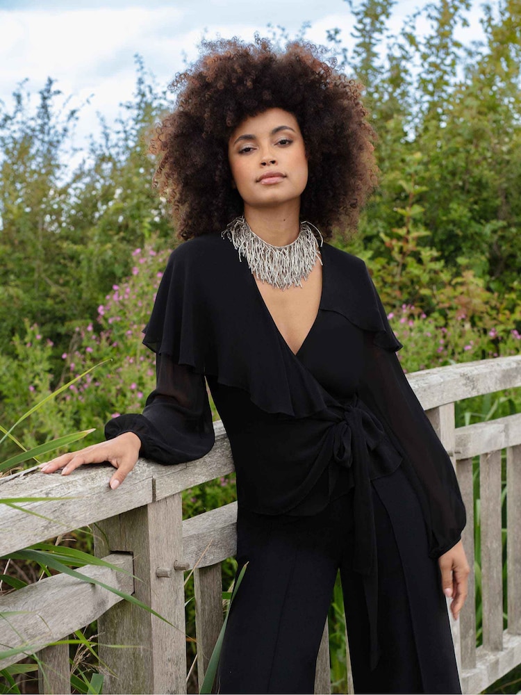 Ro&Zo Black Cape Detail Wrap Top - Image 1 of 1 Ro&Zo Black Cape Detail Wrap Top - Image 1 of 1
