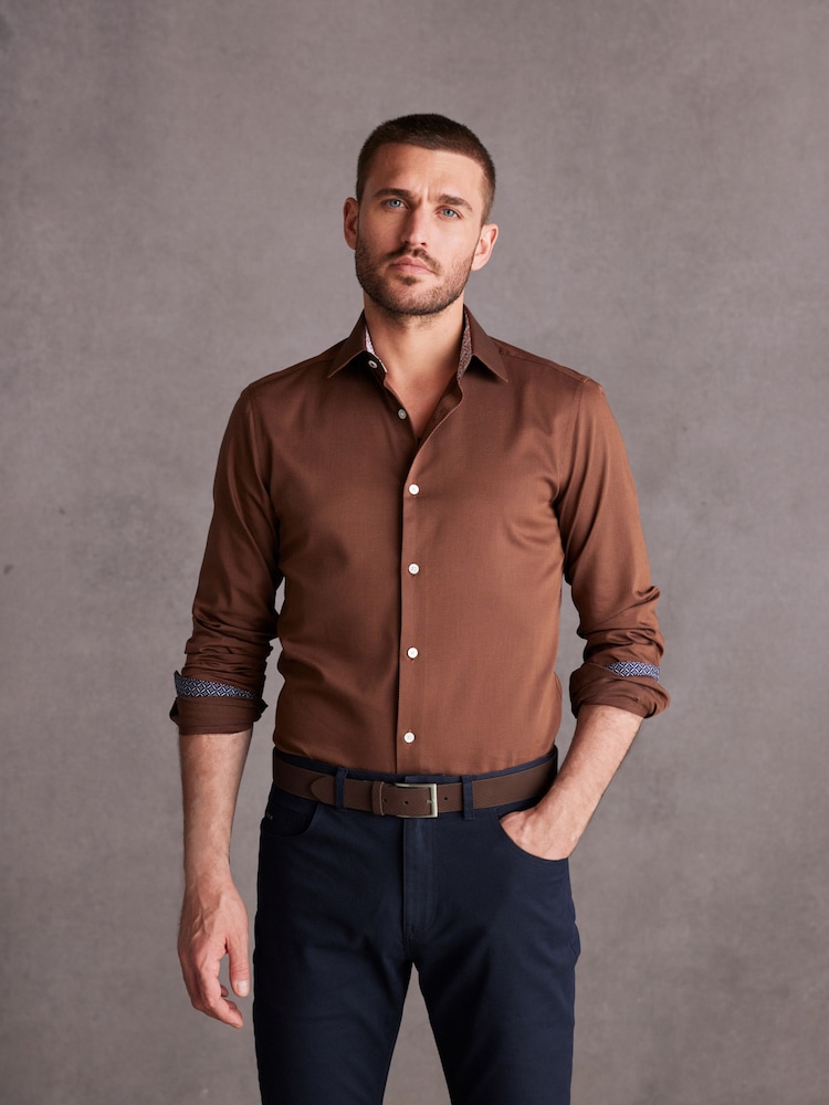Rust Brown Slim Fit Single Cuff Signature Trimmed Shirt - Image 1 of 10