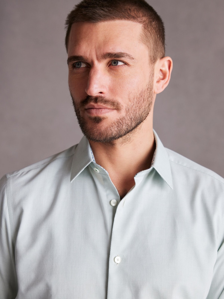 Sage Green Slim Fit 100% Cotton Double Cuff Signature Textured Trimmed Formal Shirt - Image 1 of 6