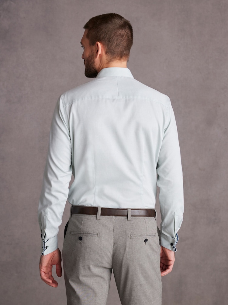 Sage Green Slim Fit 100% Cotton Double Cuff Signature Textured Trimmed Formal Shirt - Image 2 of 6