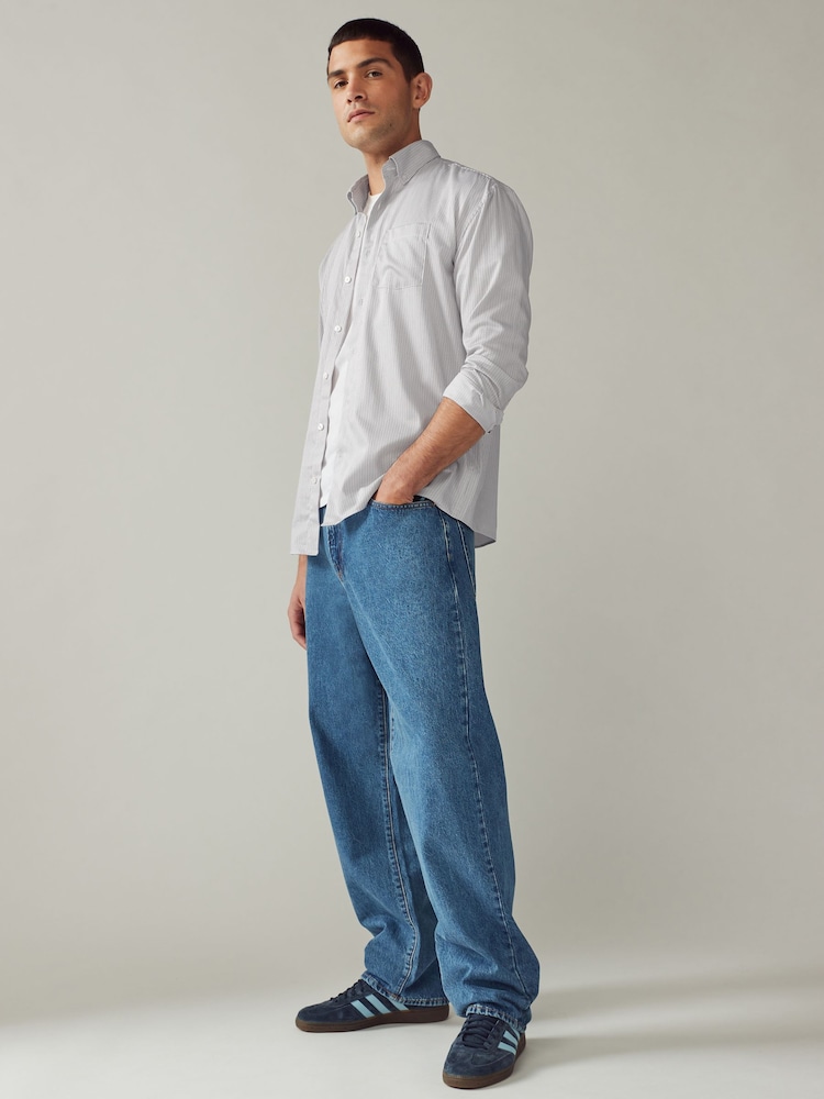 Grey EDIT Relaxed Fit 100% Cotton Single Cuff Striped Oxford Shirt - Image 2 of 8