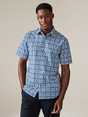 Light Blue/Blue Geometric Regular Fit 100% Cotton Printed Short Sleeve Shirt - Image 1 of 7