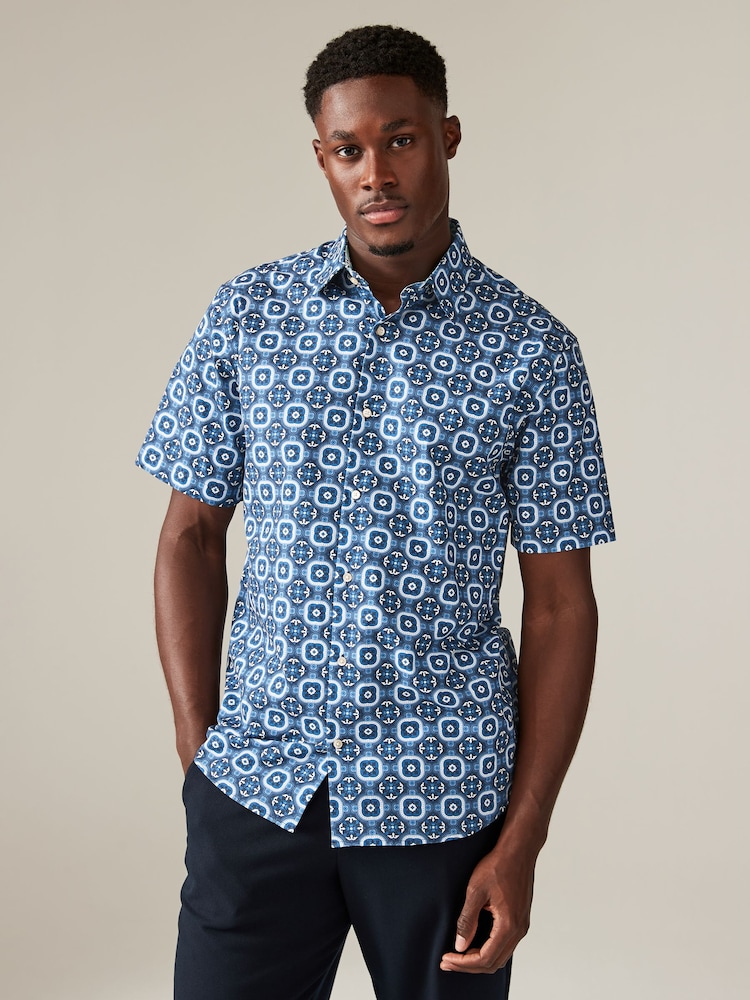 Light Blue/Blue Geometric Regular Fit 100% Cotton Printed Short Sleeve Shirt - Image 1 of 7