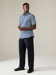 Light Blue/Blue Geometric Regular Fit 100% Cotton Printed Short Sleeve Shirt - Image 2 of 7