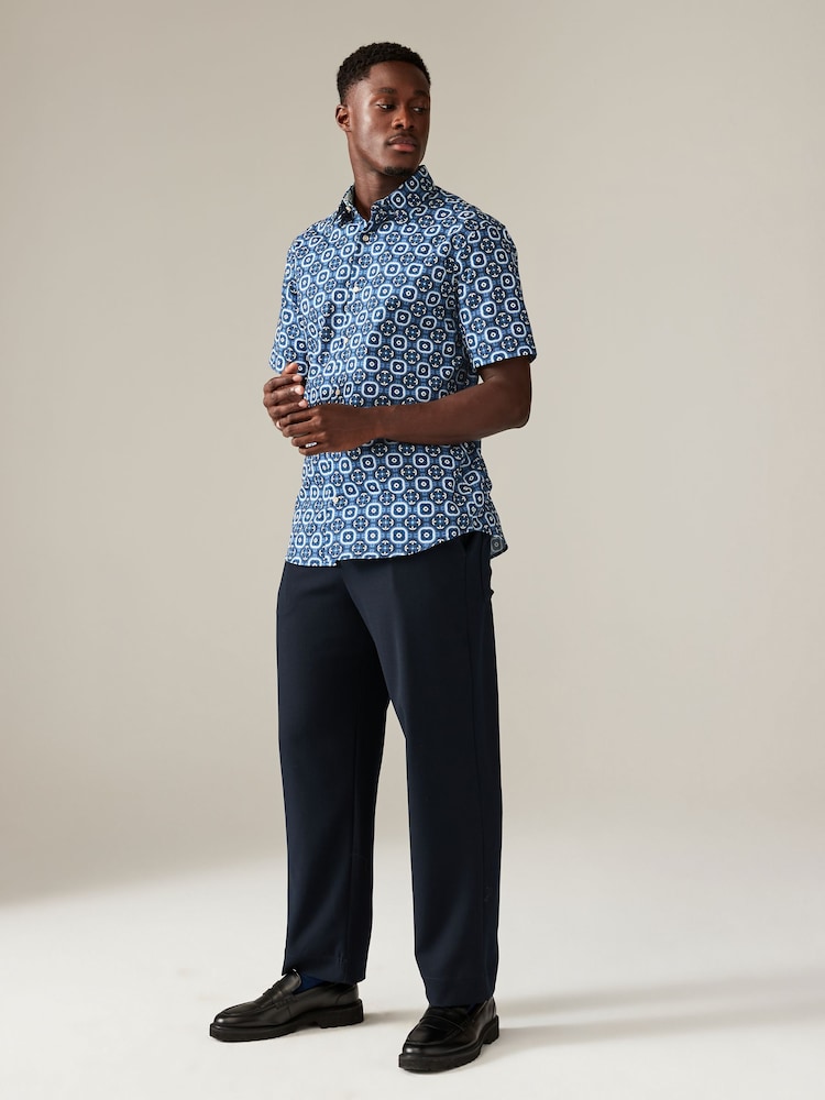 Light Blue/Blue Geometric Regular Fit 100% Cotton Printed Short Sleeve Shirt - Image 2 of 7