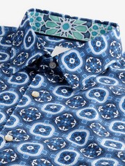 Light Blue/Blue Geometric Regular Fit 100% Cotton Printed Short Sleeve Shirt - Image 6 of 7