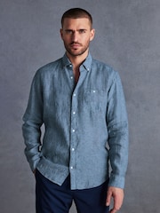 Navy Blue Regular Fit Signature Baird McNutt Irish 100% Linen Trimmed Oxford Shirt - Image 1 of 9