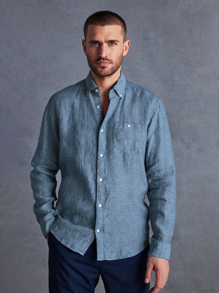 Navy Blue Regular Fit Signature Baird McNutt Irish 100% Linen Trimmed Oxford Shirt - Image 1 of 9
