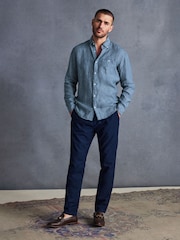 Navy Blue Regular Fit Signature Baird McNutt Irish 100% Linen Trimmed Oxford Shirt - Image 2 of 9