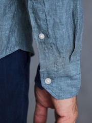 Navy Blue Regular Fit Signature Baird McNutt Irish 100% Linen Trimmed Oxford Shirt - Image 6 of 9