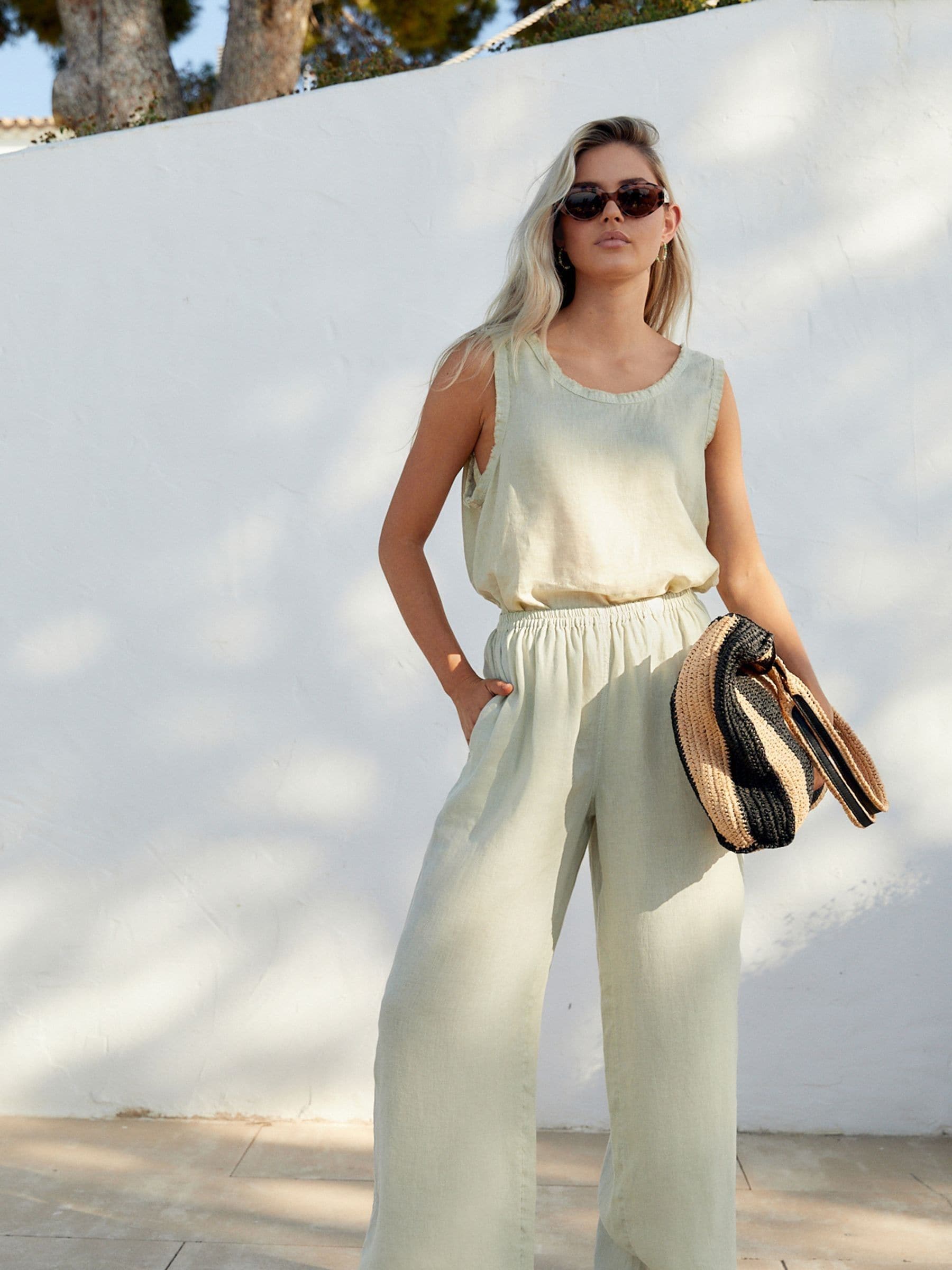 Buy Sage Green Premium 100 Linen Wide Leg Trousers from Next Luxembourg