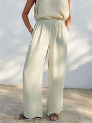 Sage Green Premium 100% Linen Wide Leg Trousers - Image 2 of 6