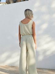 Sage Green Premium 100% Linen Wide Leg Trousers - Image 3 of 6