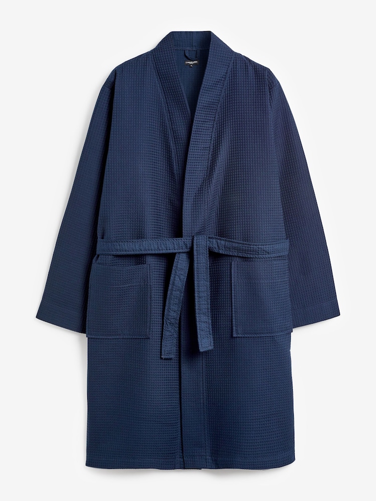 Loungeable Blue Mens 100% Cotton Waffle Dressing Gown - Image 6 of 6