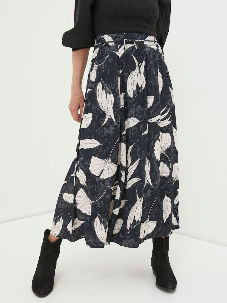 FatFace Black Mason Twilight Leaves Midi Skirt - Image 1 of 1