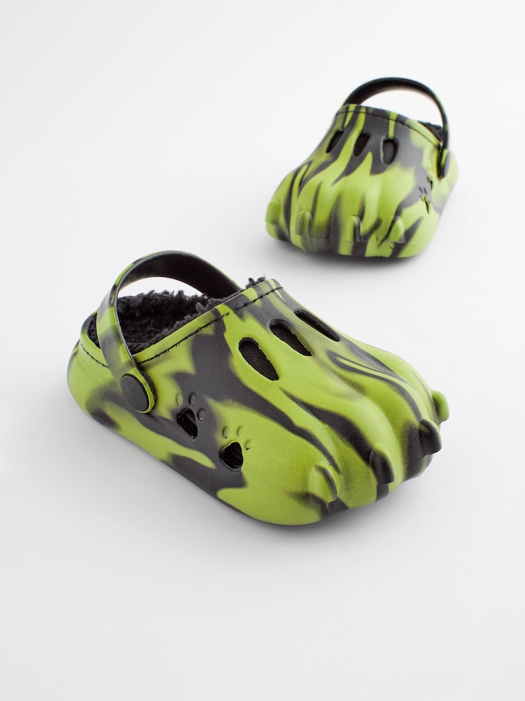 Black/Green Faux Fur Lined Claw Clog Slippers - Image 1 of 6