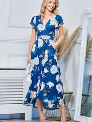 Jolie Moi Blue Dipped Hem Mesh Maxi Dress - Image 1 of 5